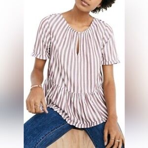 Madewell Striped Peplum Keyhole Blouse in White and Pink